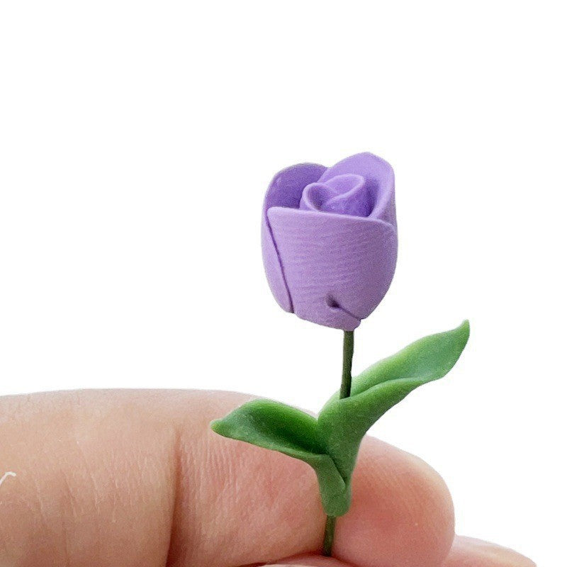 Wholesale 1:12 doll house accessories mini clay flower single flower flower arrangement  tulip rose leaves pure hand made